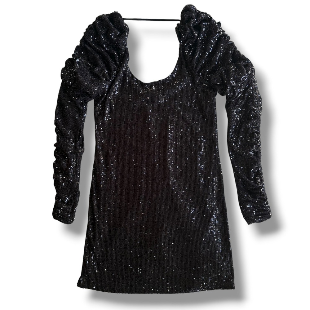 Chelsea & Violet Women XS Black Sequin Puff Sleeve Open Back Mini Dress Glam Y2K